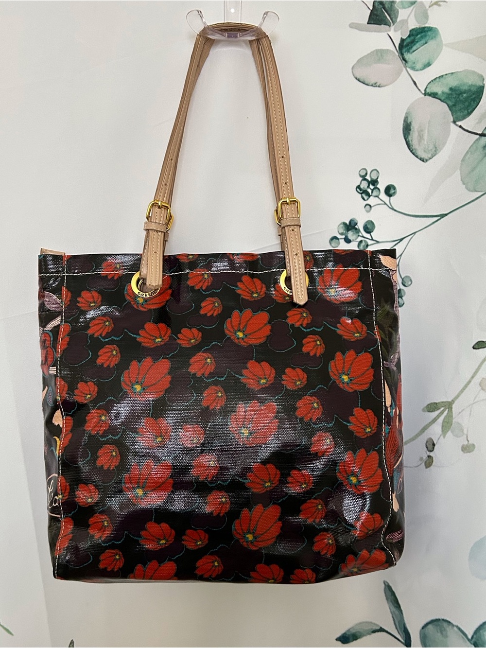 Floral-Print Sakroots Tote Bag in Black and Red with Tan Straps
